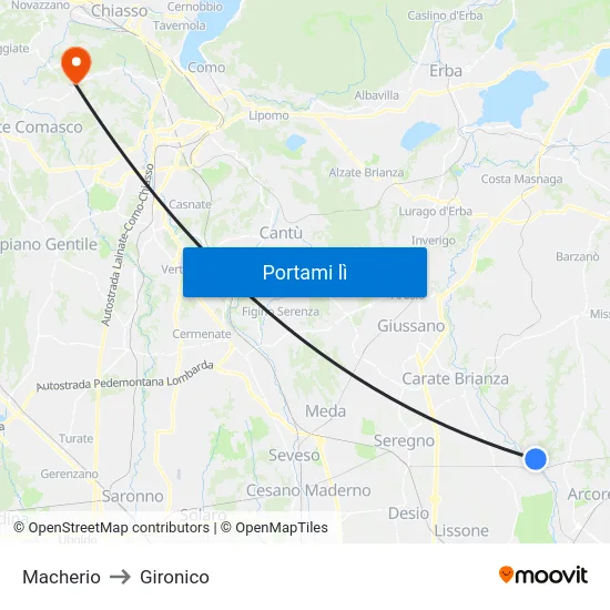 Macherio to Gironico map