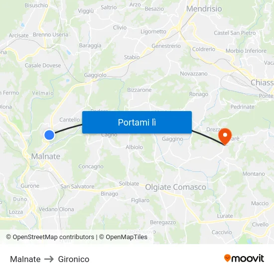 Malnate to Gironico map