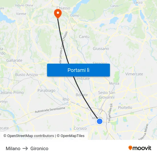 Milano to Gironico map