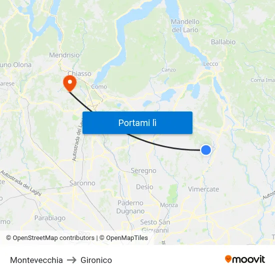 Montevecchia to Gironico map