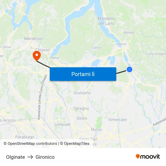 Olginate to Gironico map