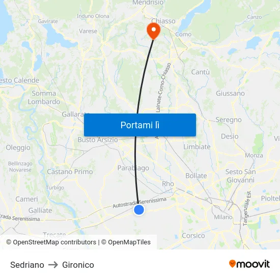 Sedriano to Gironico map