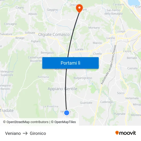 Veniano to Gironico map
