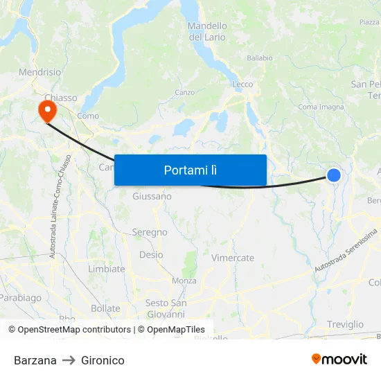 Barzana to Gironico map