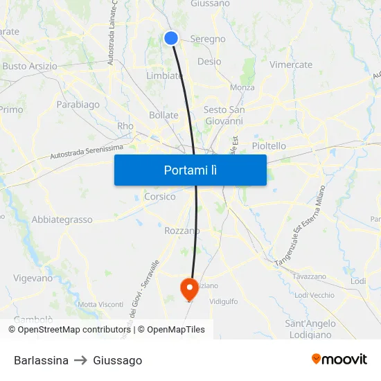 Barlassina to Giussago map