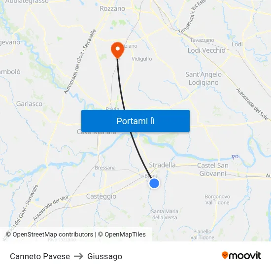 Canneto Pavese to Giussago map