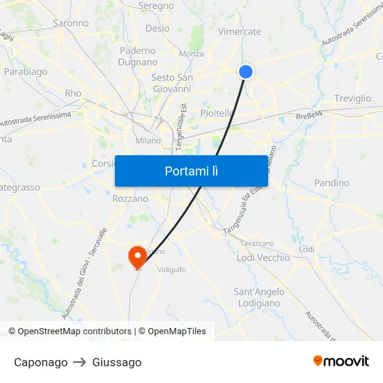 Caponago to Giussago map