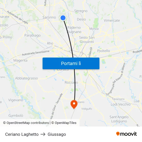 Ceriano Laghetto to Giussago map