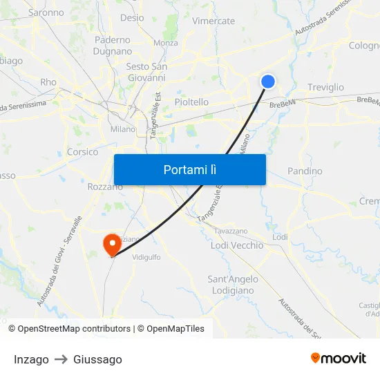 Inzago to Giussago map