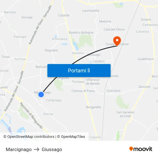 Marcignago to Giussago map