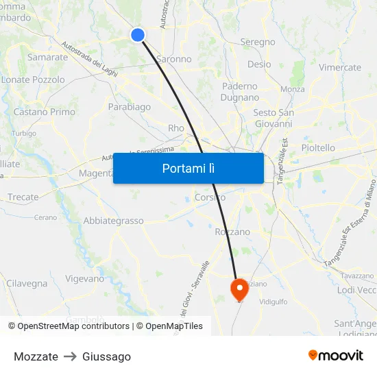 Mozzate to Giussago map