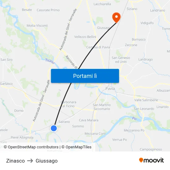 Zinasco to Giussago map