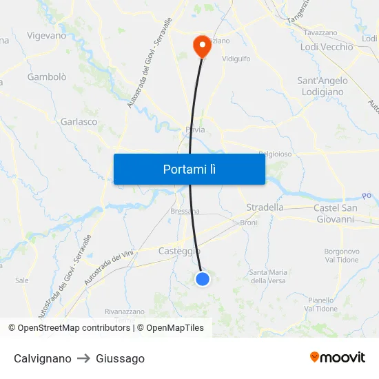 Calvignano to Giussago map