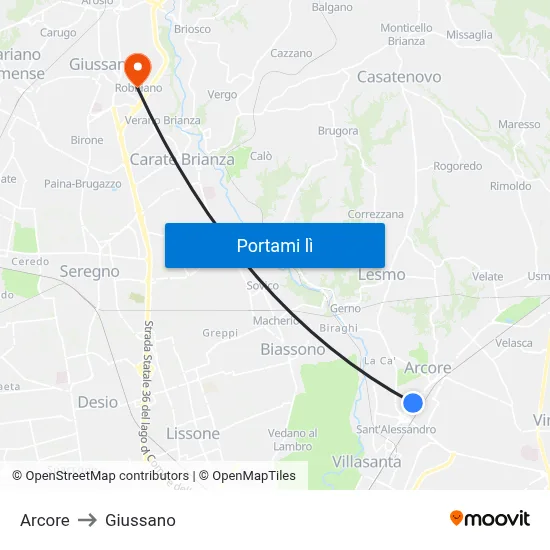 Arcore to Giussano map