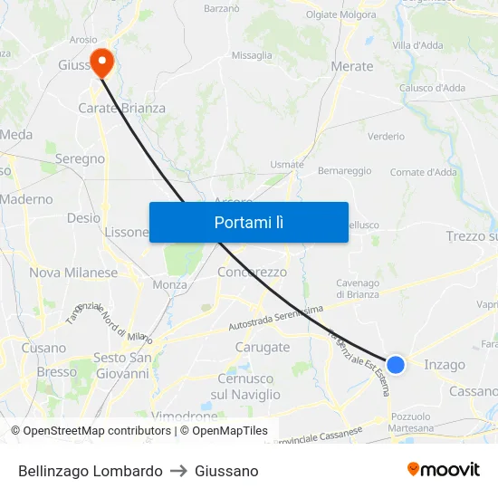 Bellinzago Lombardo to Giussano map