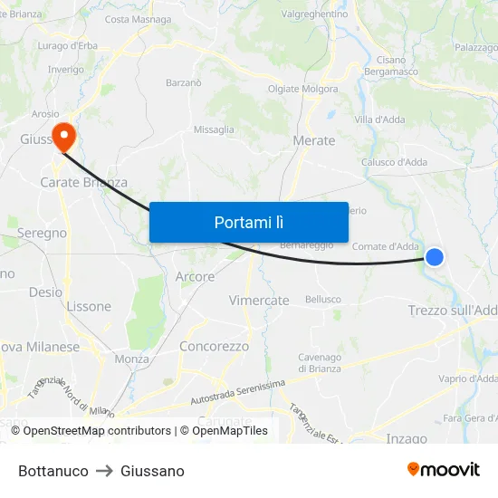 Bottanuco to Giussano map