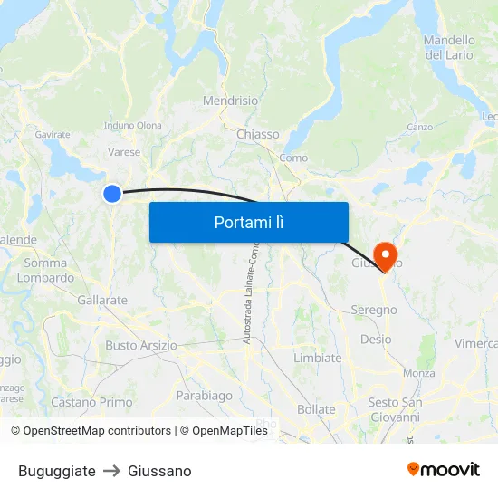 Buguggiate to Giussano map