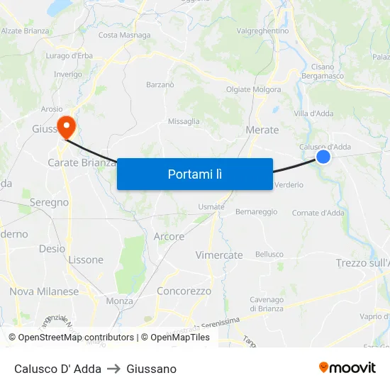 Calusco D' Adda to Giussano map