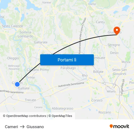 Cameri to Giussano map