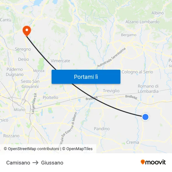 Camisano to Giussano map