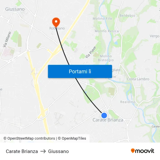 Carate Brianza to Giussano map