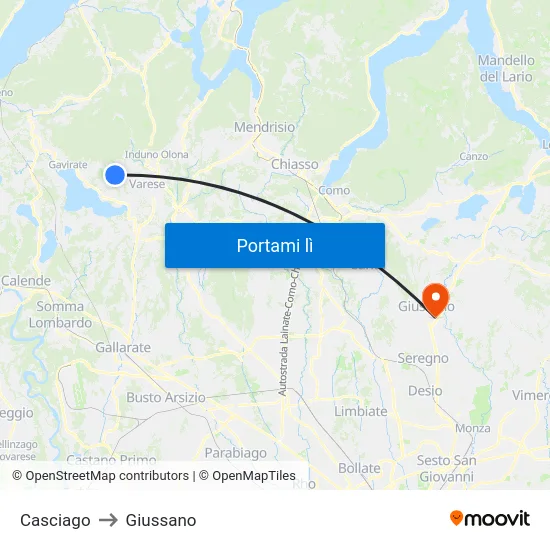 Casciago to Giussano map
