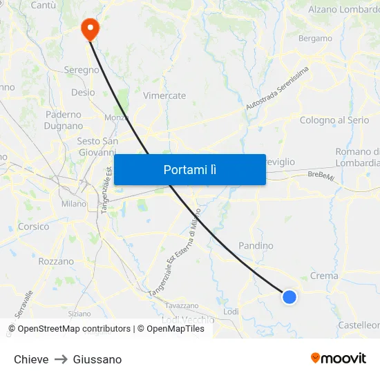 Chieve to Giussano map
