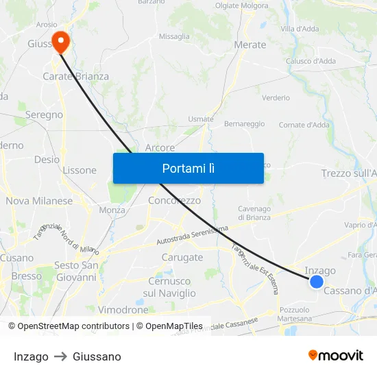 Inzago to Giussano map