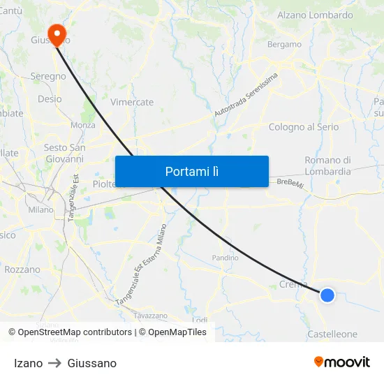 Izano to Giussano map