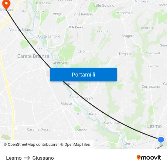 Lesmo to Giussano map