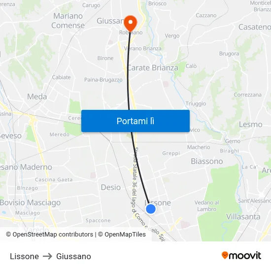 Lissone to Giussano map
