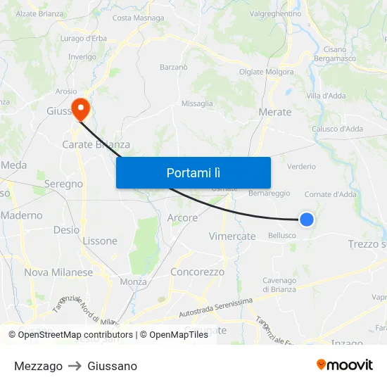 Mezzago to Giussano map