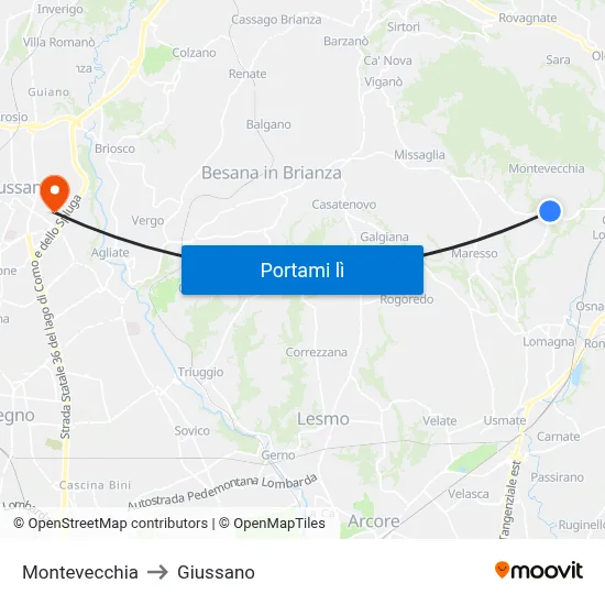 Montevecchia to Giussano map