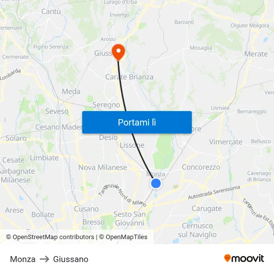 Monza to Giussano map