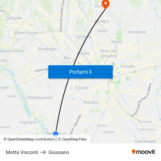 Motta Visconti to Giussano map