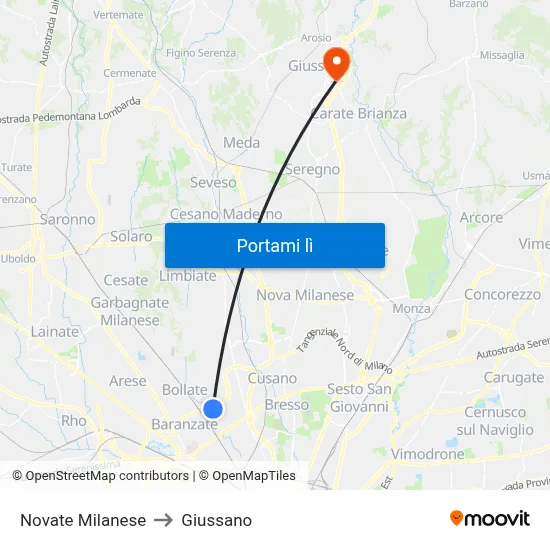 Novate Milanese to Giussano map