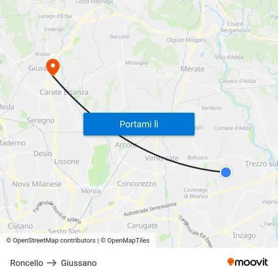 Roncello to Giussano map