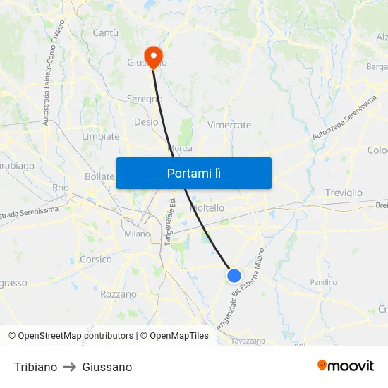 Tribiano to Giussano map