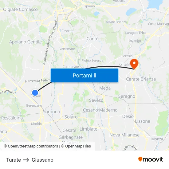 Turate to Giussano map