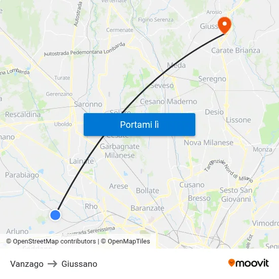 Vanzago to Giussano map