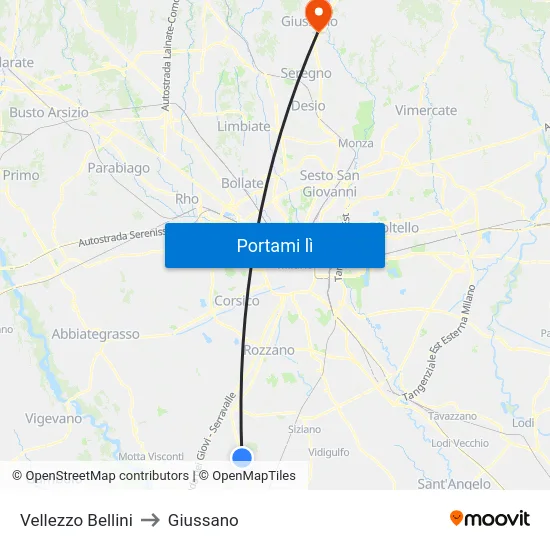 Vellezzo Bellini to Giussano map