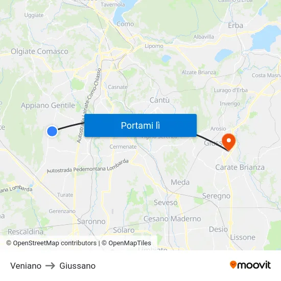 Veniano to Giussano map