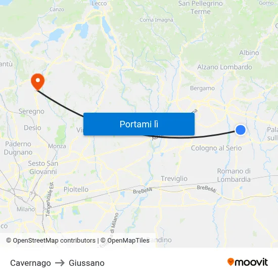 Cavernago to Giussano map