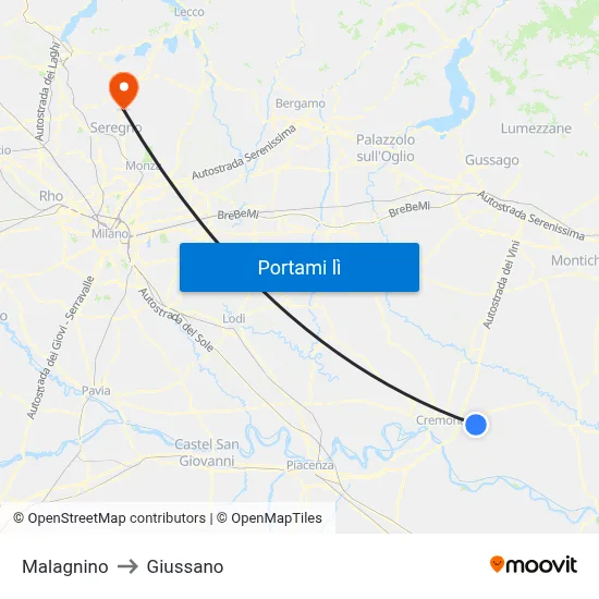 Malagnino to Giussano map
