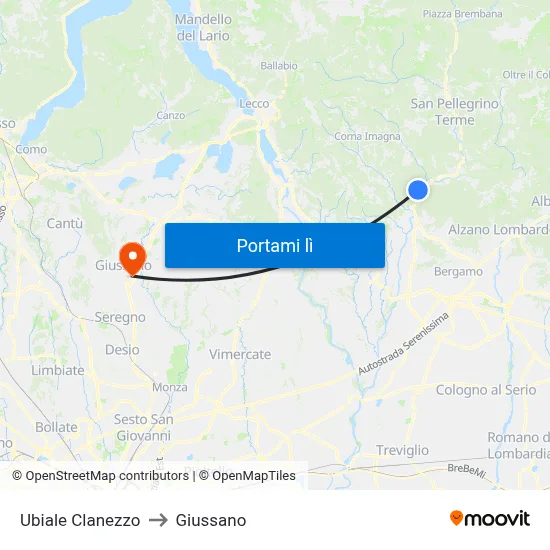 Ubiale Clanezzo to Giussano map