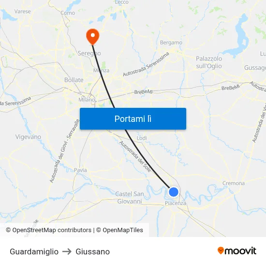 Guardamiglio to Giussano map