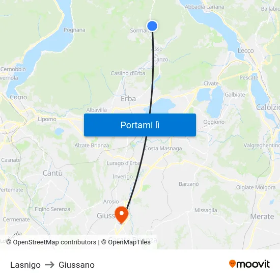 Lasnigo to Giussano map