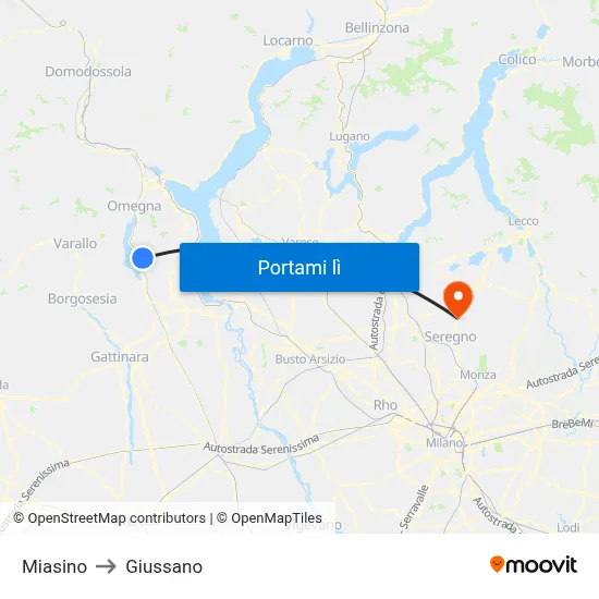 Miasino to Giussano map