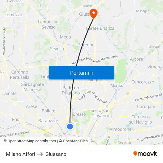 Milano Affori to Giussano map