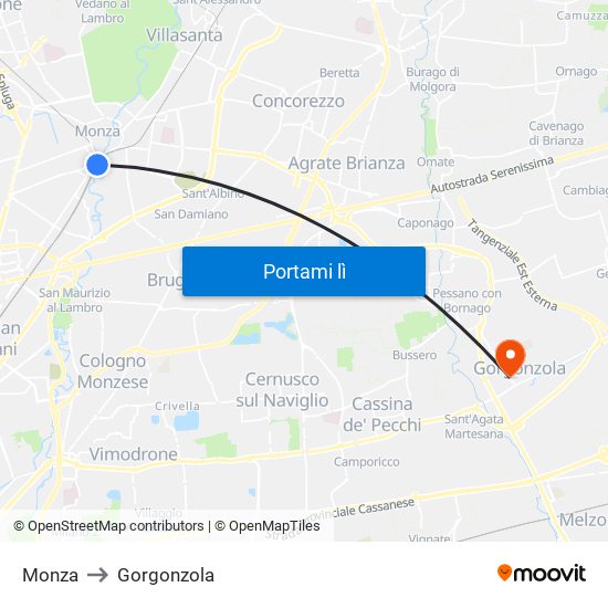 Monza to Gorgonzola map